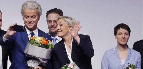 AfD (Alternative for Germany) chairwoman Frauke Petry, right, Far-right leader and candidate for next spring presidential elections Marine le Pen from France, center, and Dutch populist anti-Islam lawmaker Geert Wilders stand together after their speeches at a meeting of European Nationalists in Koblenz, Germany, Saturday, Jan. 21, 2017. (AP Photo/Michael Probst)/PKOB132/17021446831351/1701211343
