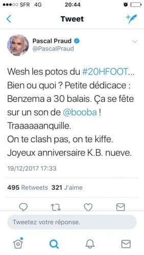 Tweet du journaliste Pascal Praud à propos de l'anniversaire du footballeur, Karim Benzema, 19 décembre 2017